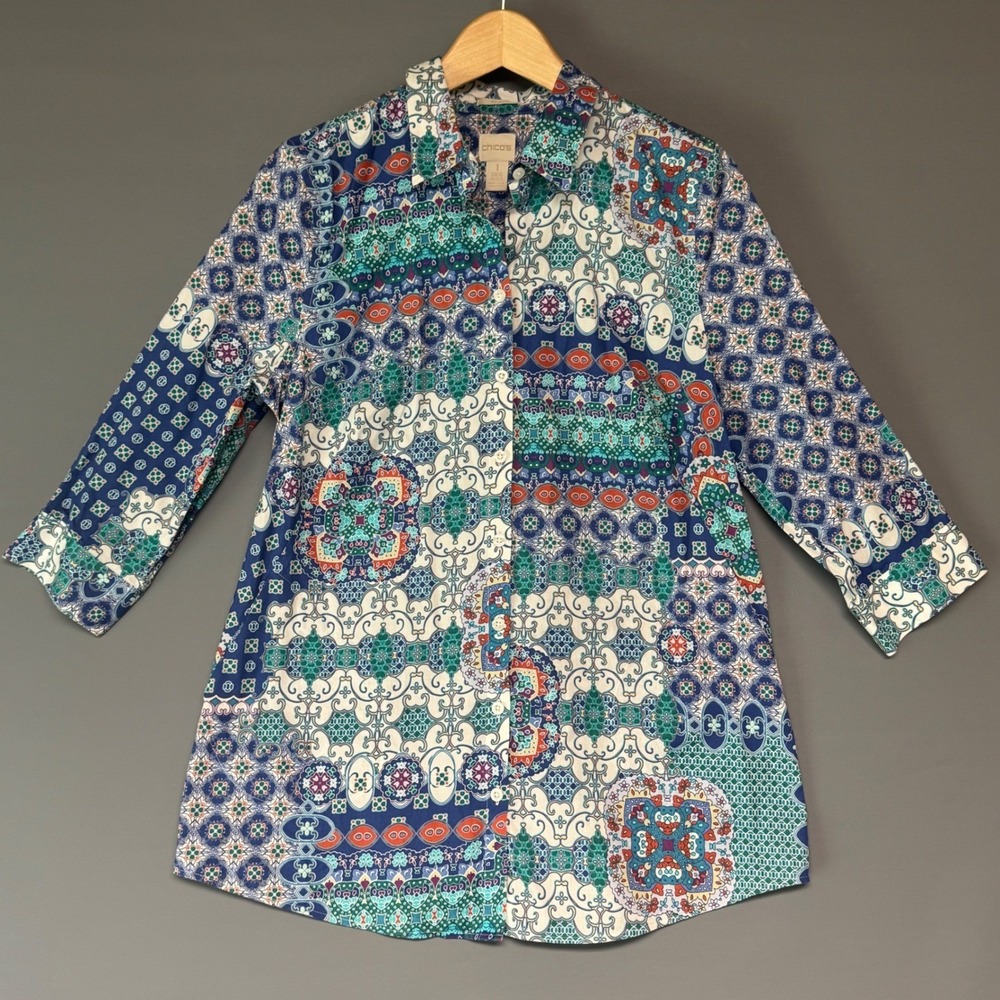Chicos Tunic Button Down Shacket Shirt Womens 1 US 8 Blue Mosaic‎ Print Pockets